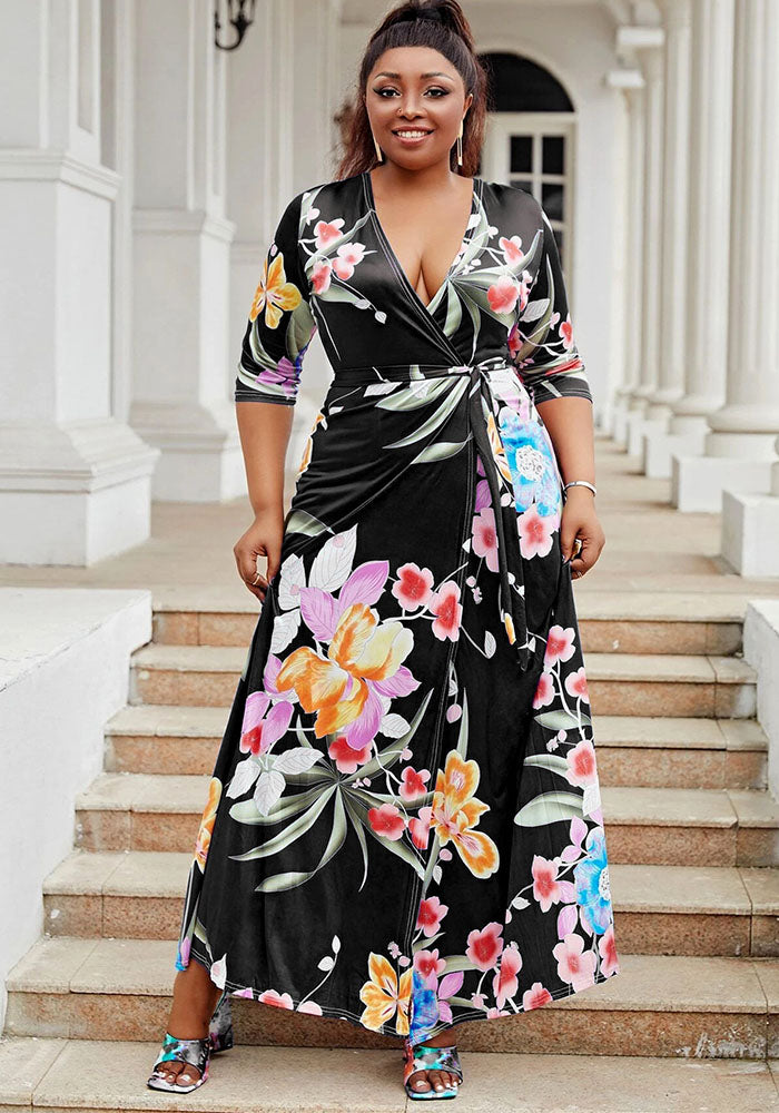 Women V-neck Half-Sleeve Slit Dress Bohemian Beach Maxi Dress