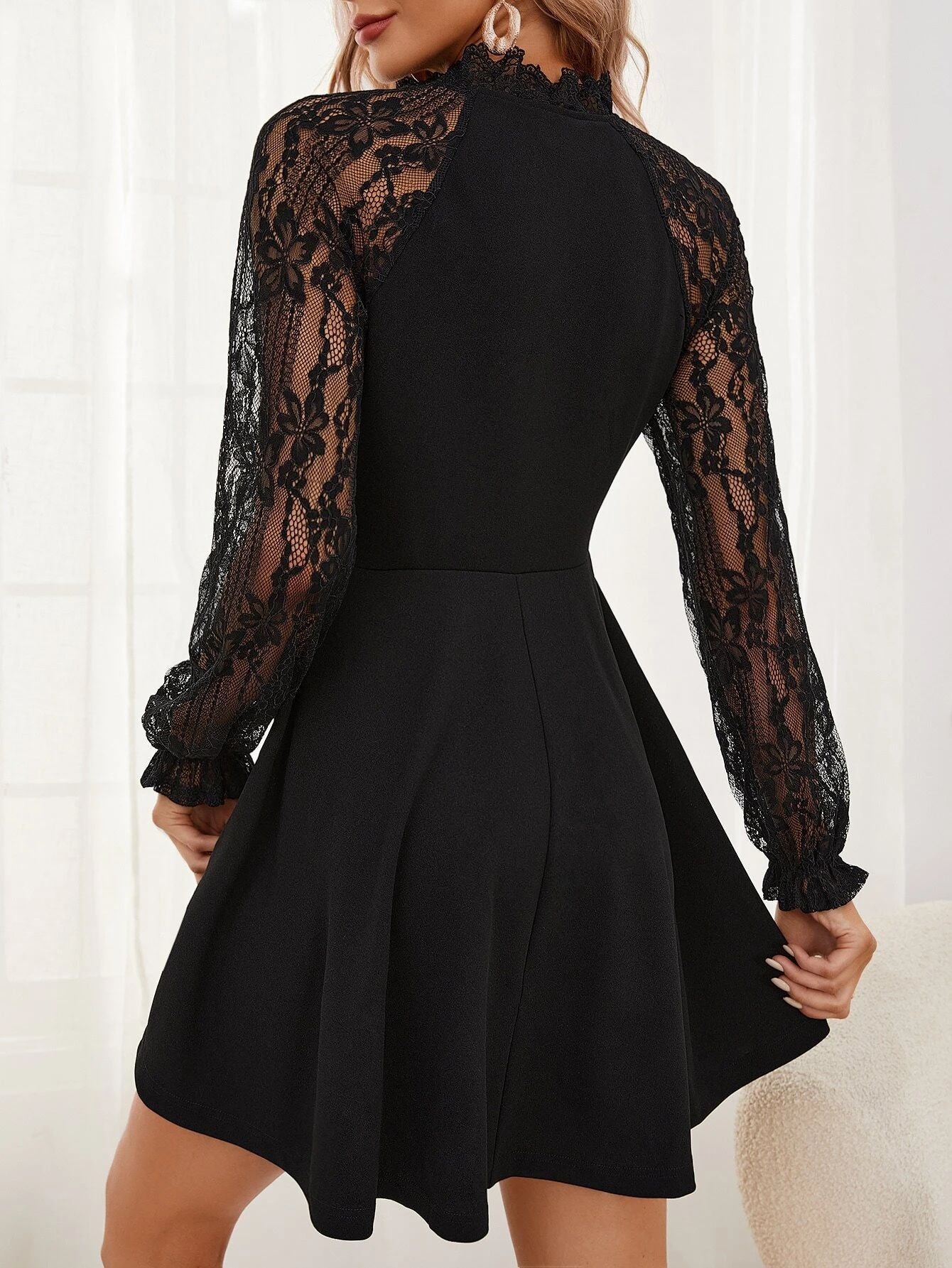 Autumn Winter Elegant Women's Solid Contrast Lace Long Sleeve Casual Dress