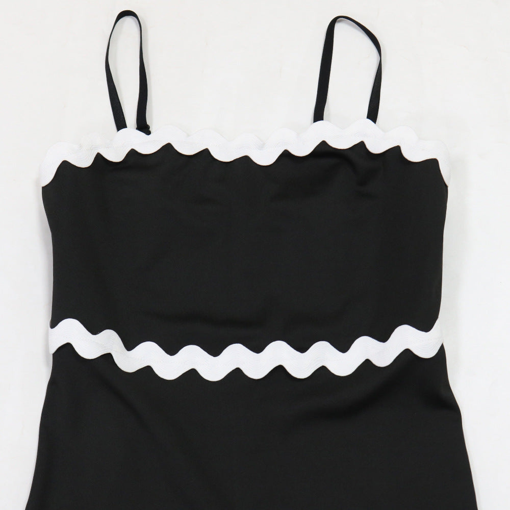 Women Strap Solid Wave Ribbon Patchwork Solid Strap Dress 18