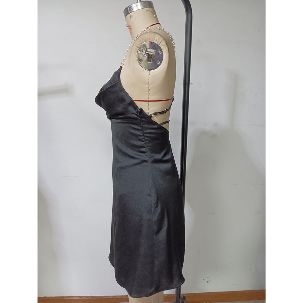 Women summer suspenders with pearl drop collar sexy dress 8