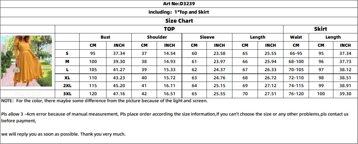 Women's Autumn Puff Sleeve Top Pleated Skirt Two Piece African Suit 15