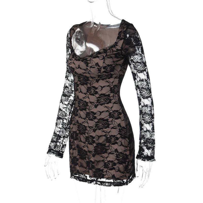 Women's Autumn American Fashion Lace Printed U-Neck Long Sleeve Bodycon Dress 9