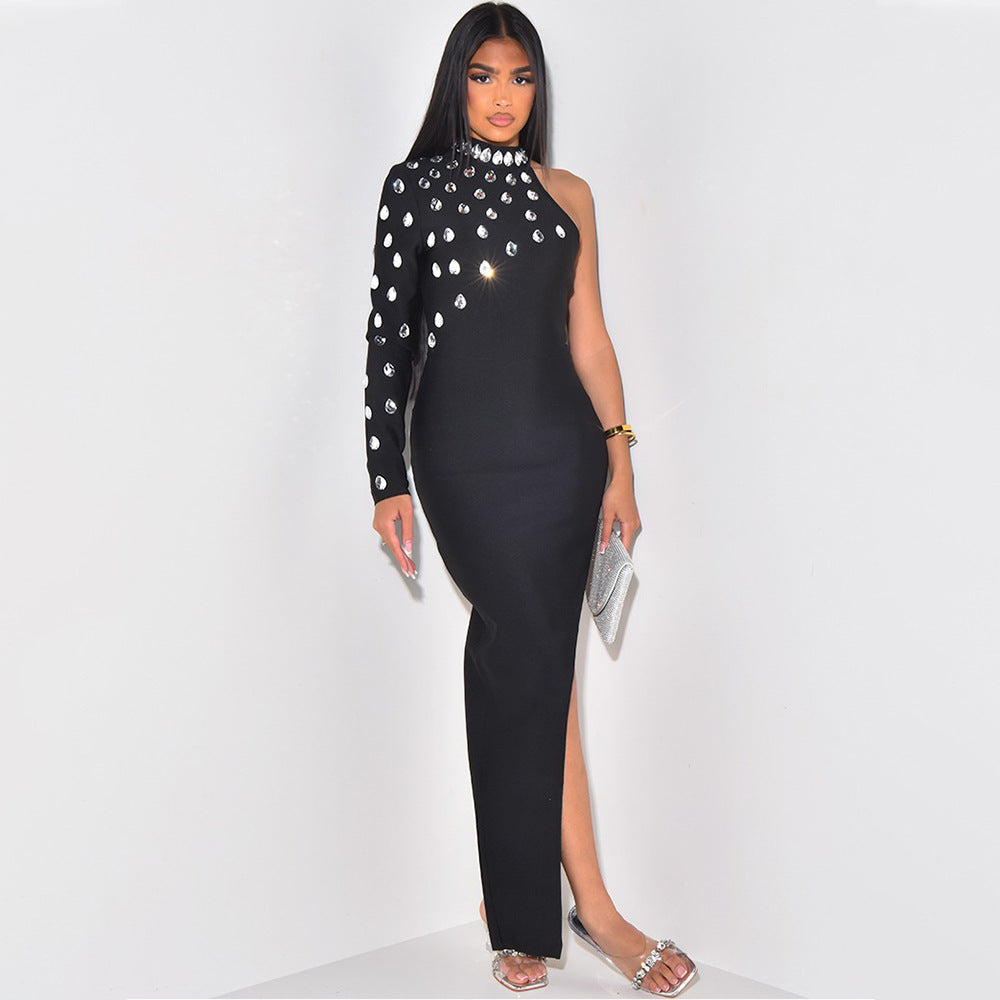 Women Round Neck Beaded Slit Solid Dress 3