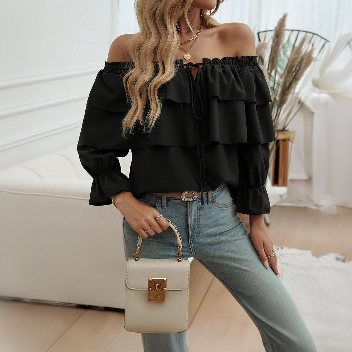 Autumn Winter Women Chic Loose Layer Off Shoulder Lantern Sleeve Top 6