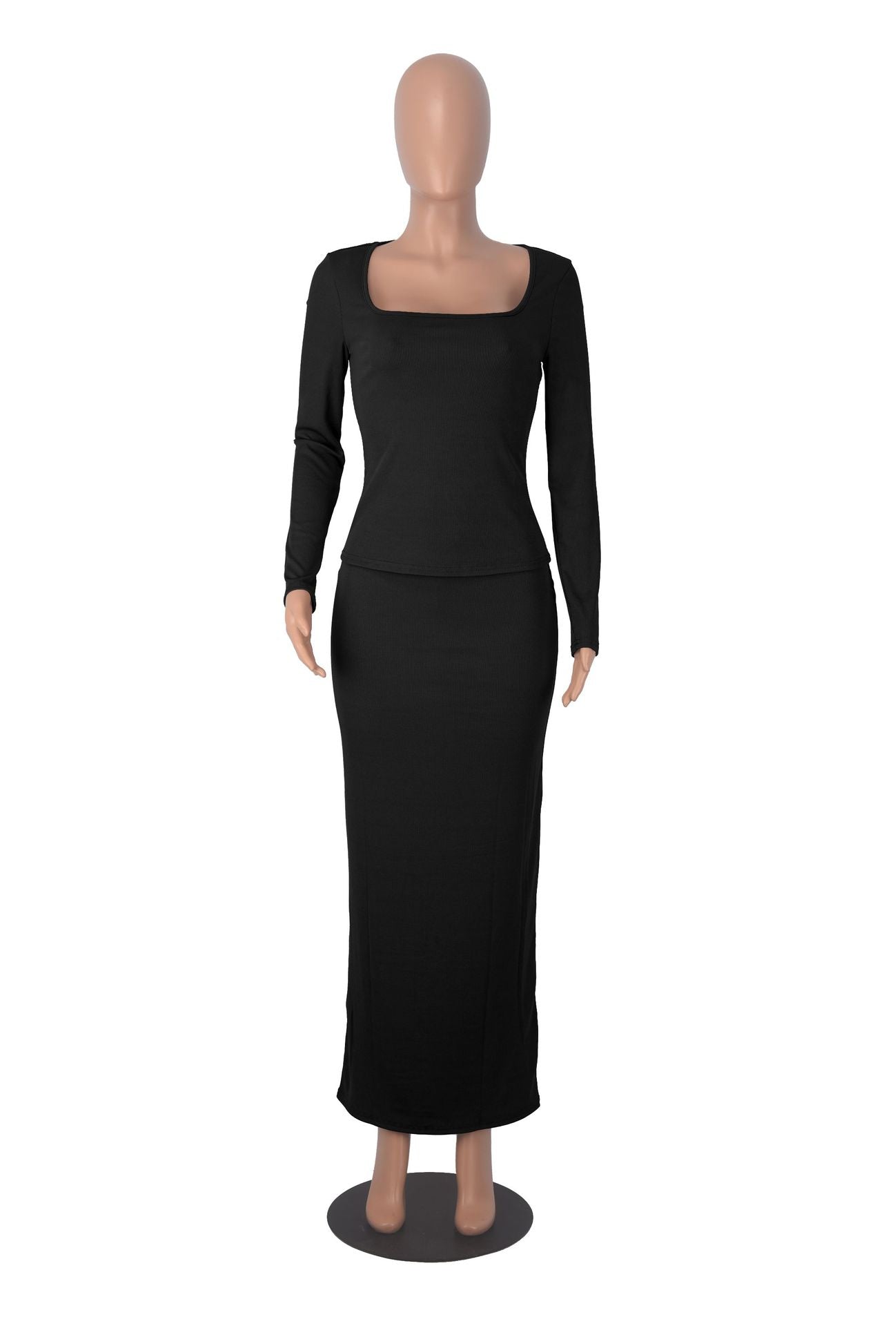 Autumn And Winter Fashionable Square Neck Long Sleeve Top Slim Waist Bodycon Women's Long Skirt Two-Piece Set 15