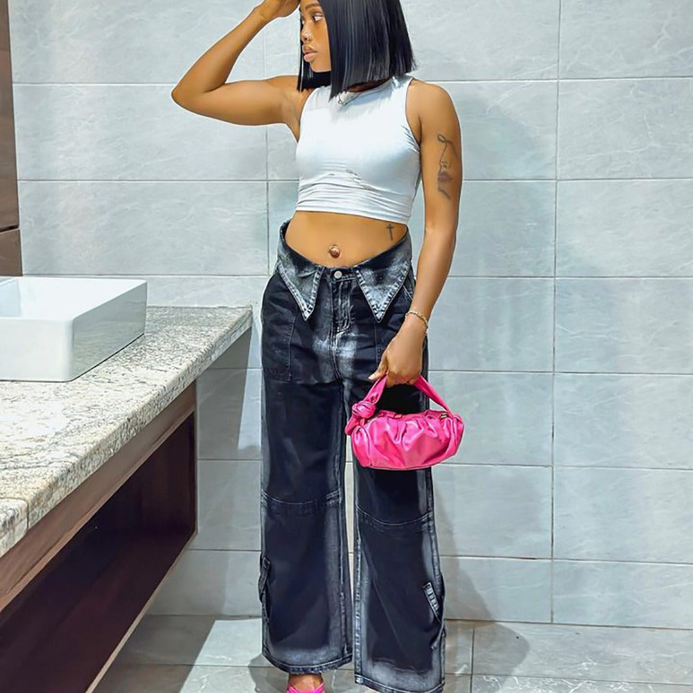 Women Vintage High Waist Denim Loose Straight Pants