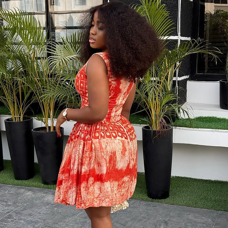 Printed Round Neck Sleeveless Pleated A-Line Mini Dress 5