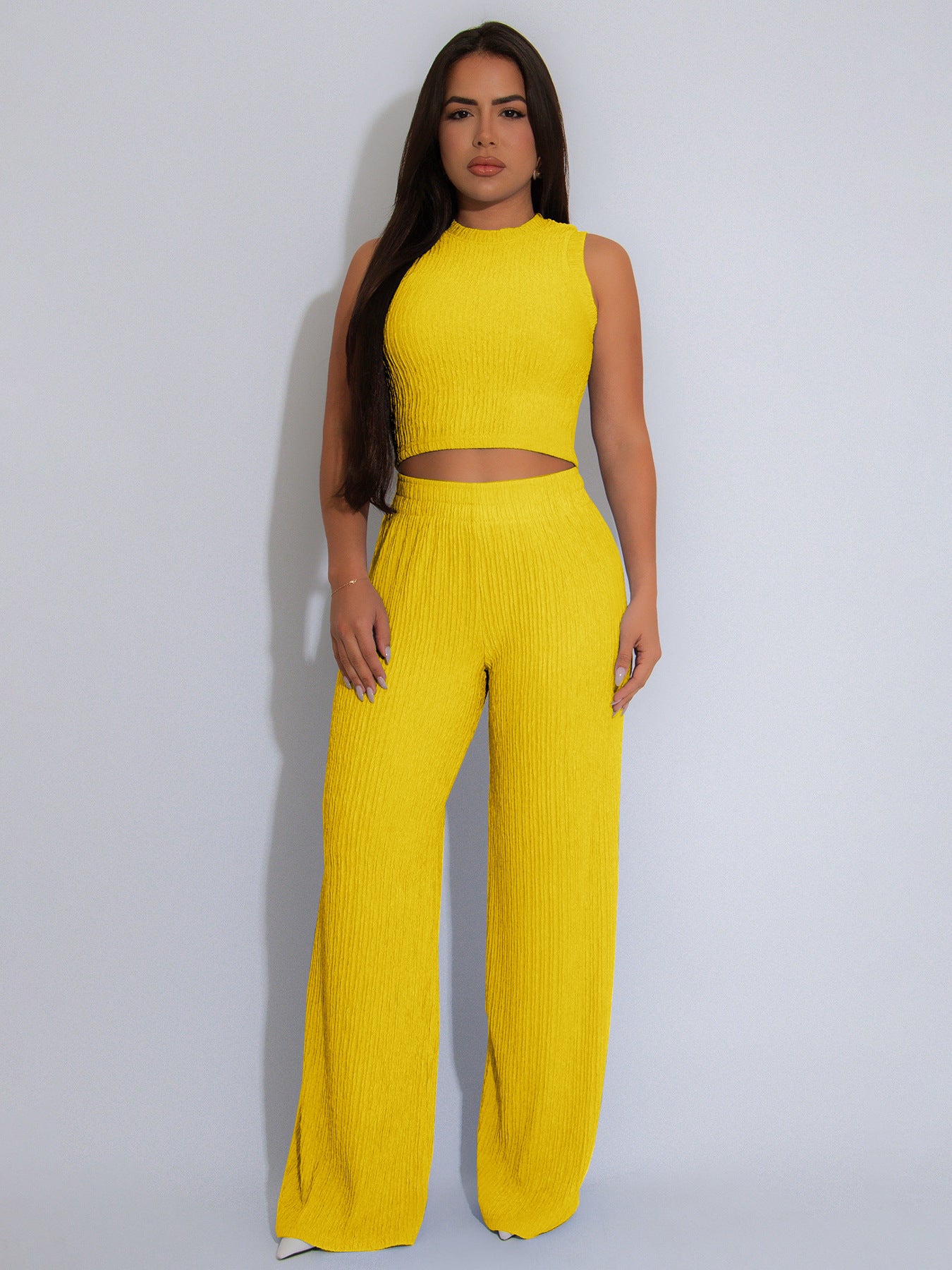 Casual High Stretch Ribbed Sleeveless Tank Top Wide Leg Pants Two Piece Set 14