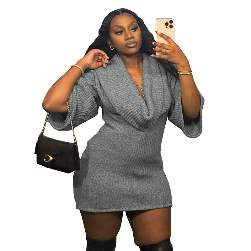 Women's Autumn & Winter Solid Color Casual Loose Cowl Neck Knitted Mid-Long Sleeve Dress 13