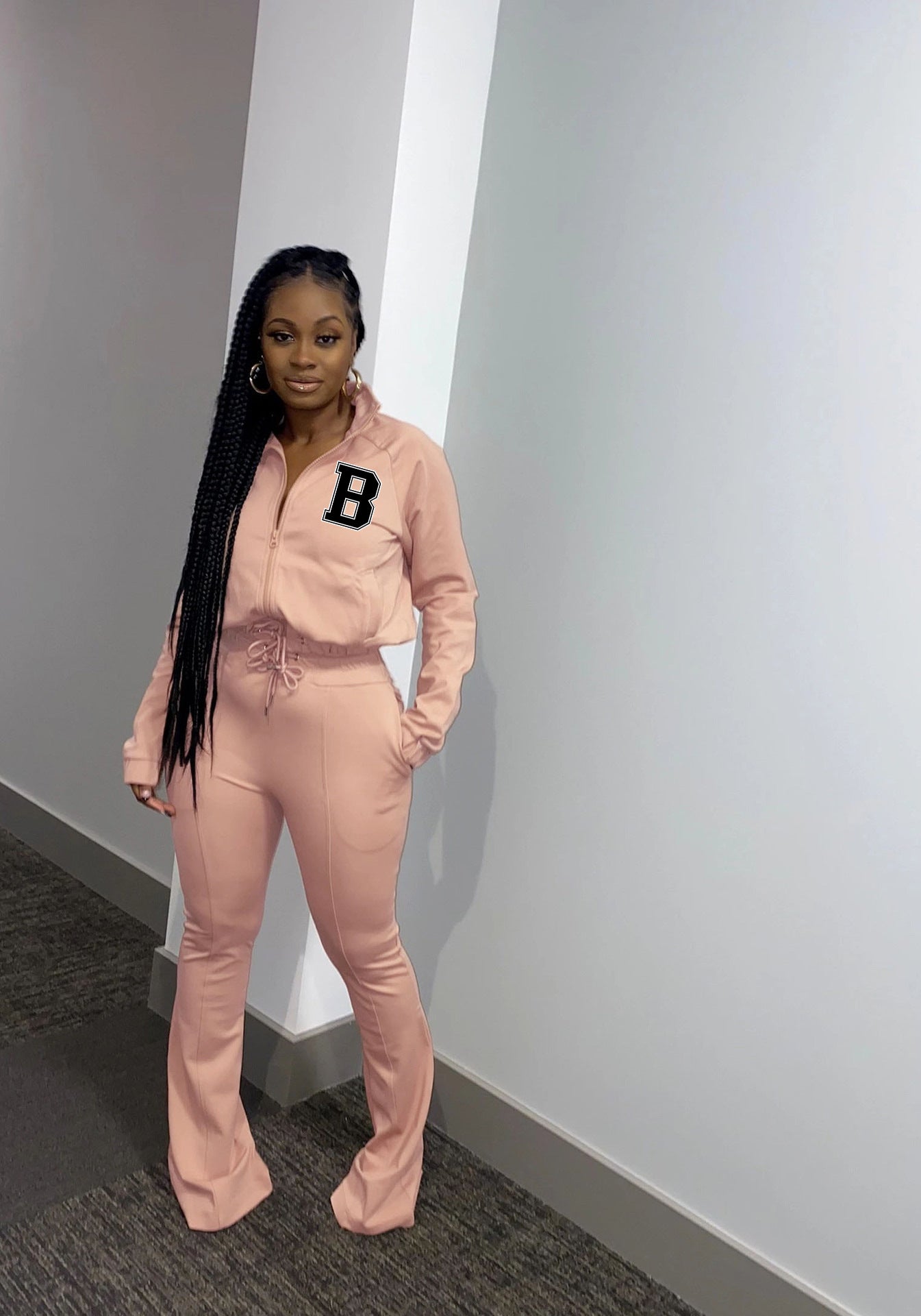 Women Sports Casual Letter B Print Zip Long Sleeve Top+ Pants Two Piece 4