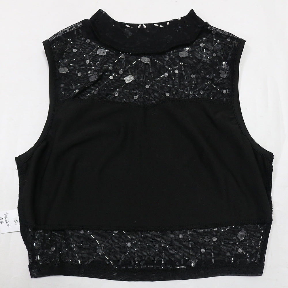 Women Beaded Mesh Sleeveless Round Neck Top and Bodycon Mini Skirt with Panties Two-piece Set 15