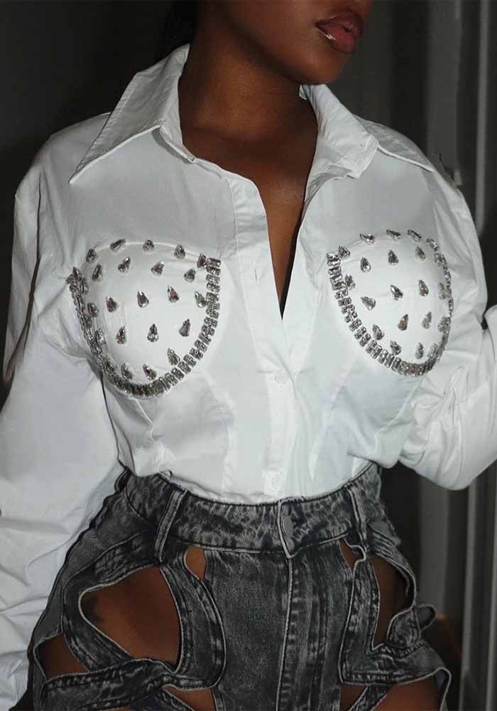 Women Fall Beaded Turndown Collar Long Sleeve Shirt 5