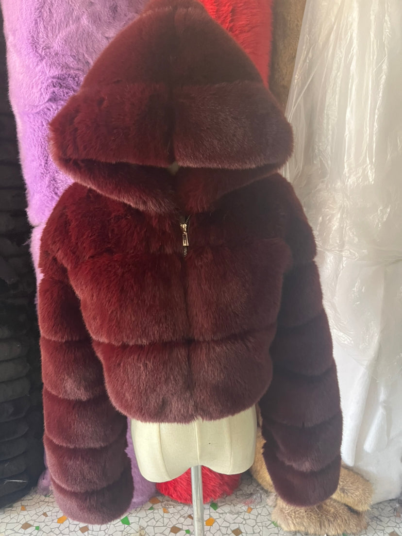 Fur Coat Cropped Hooded Faux Fur Coat Long Sleeve Patchwork Women's Coat 65