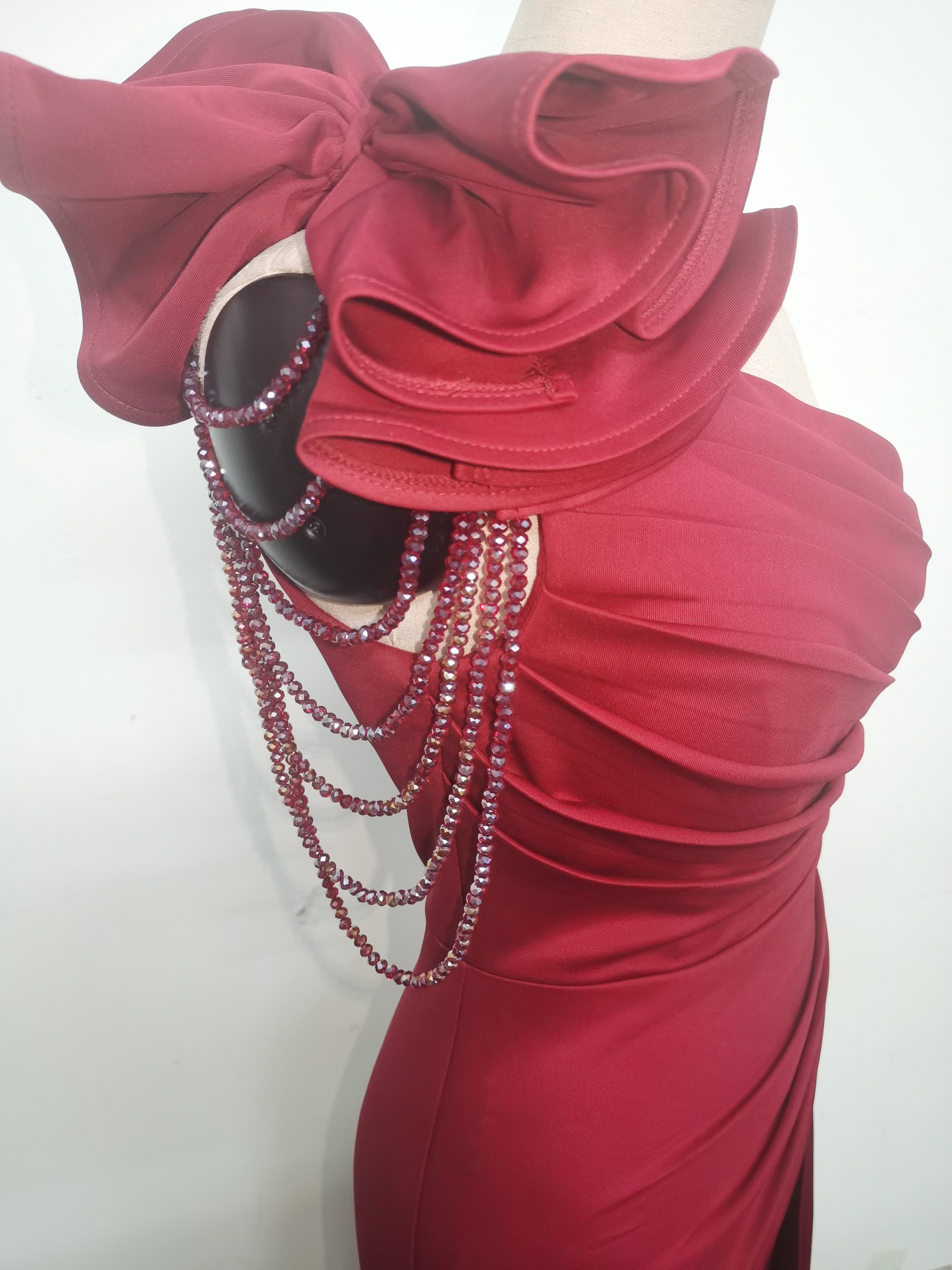 Women Beaded Flower Pleated Off-shoulder Split Evening Dress 33