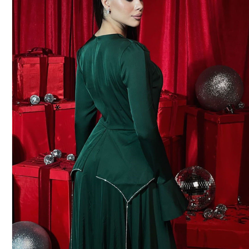 Women's Fashionable Solid Color Long Sleeve Chic Diamond Chain Long Dress 6