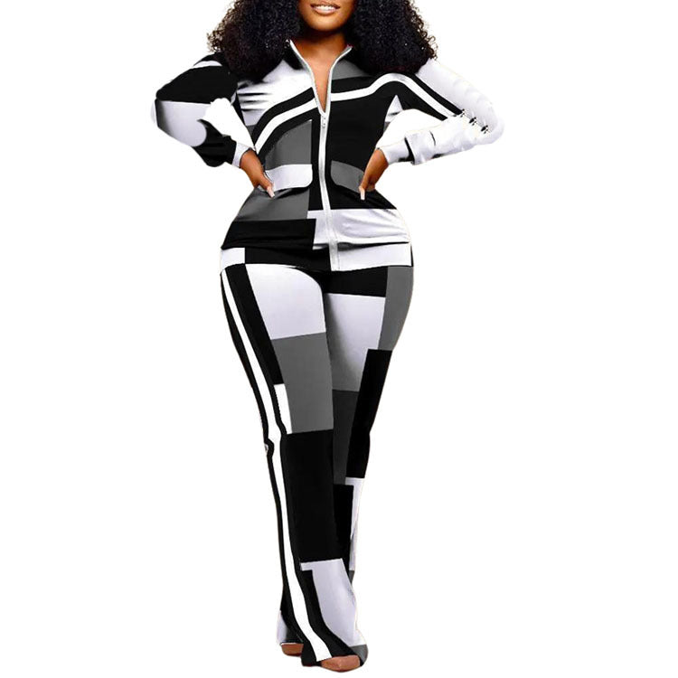 Women long-sleeved color-blocked zipper top and trousers two-piece set 5