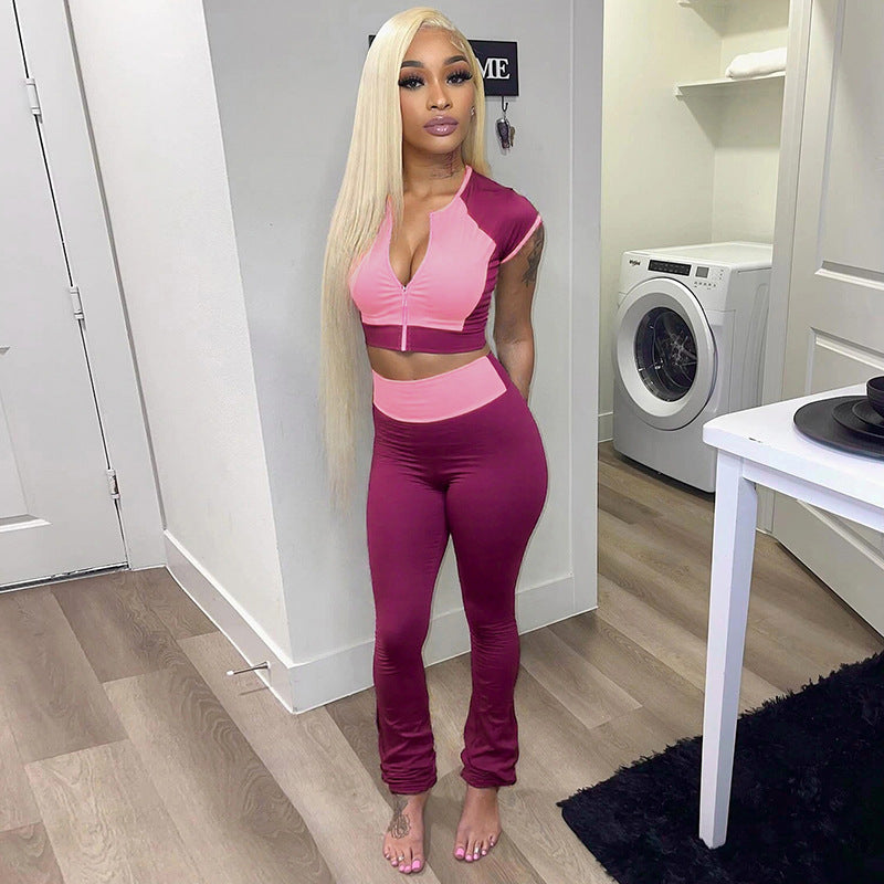 Women Spring/Summer Contrast Drop Shoulder Round Neck Zipper Top and Bell Bottom Pants Two Piece Set 4