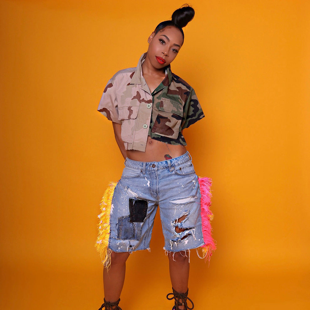 Autumn Contrasting Color Camouflage Pocket Loose Street Trendy Women'S Tops 4