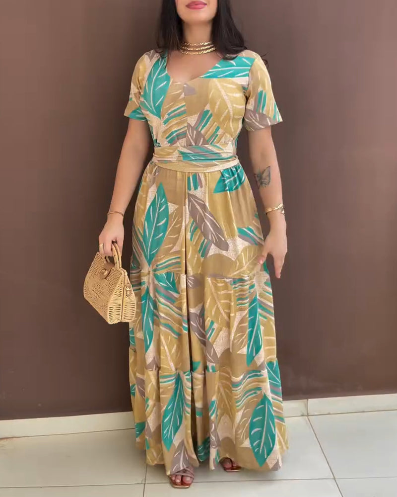 Fashionable Floral Print Short Sleeve Tie Slim Waist Holiday Long Dress 6