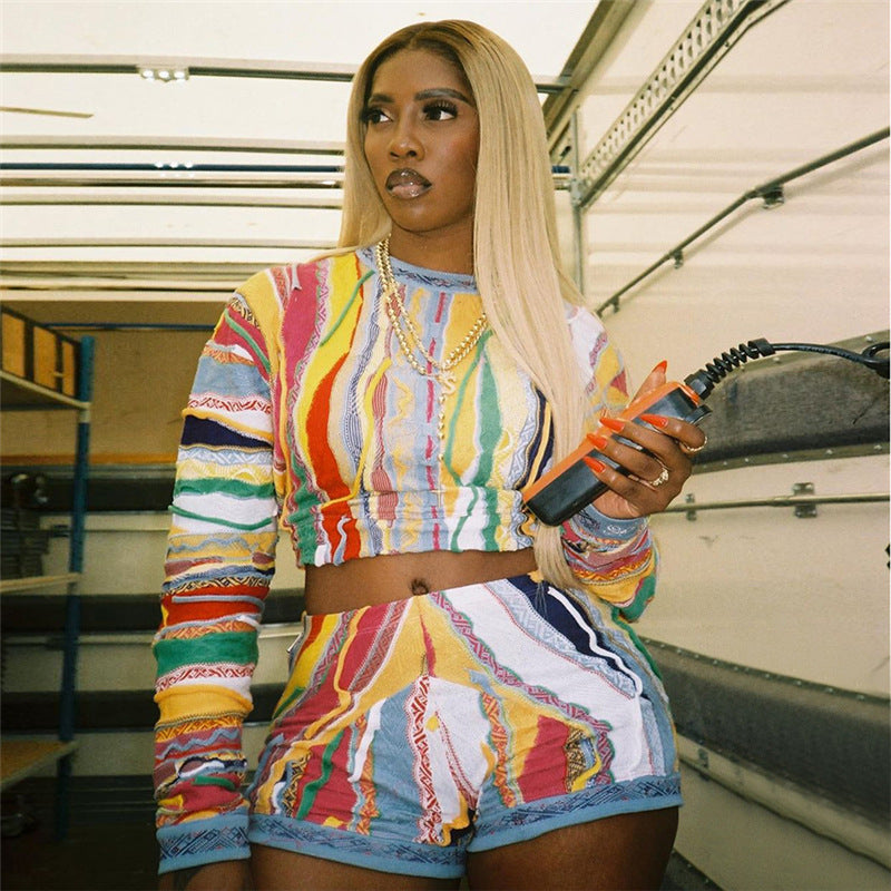 Fall Women Printed Casual Long Sleeve Top and Shorts Two-piece Set 5