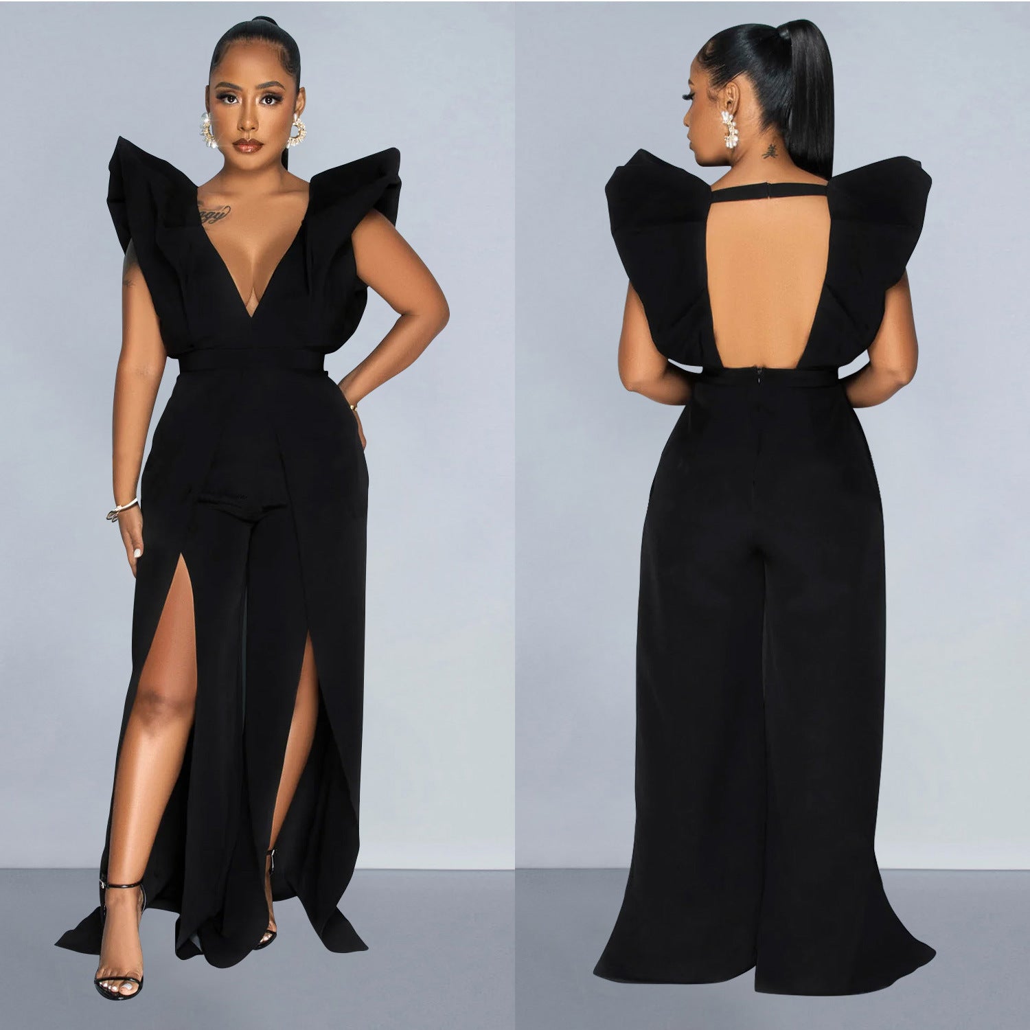Women Solid Sexy V Neck Pleated Jumpsuit