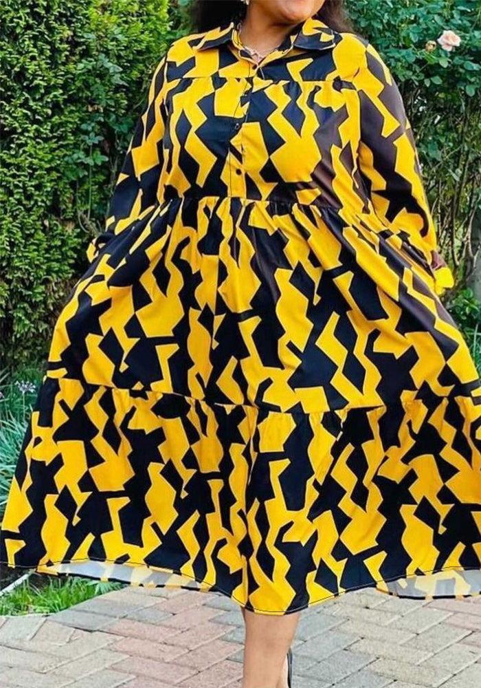 Fashionable Long Sleeve comfortable Slim Waist Loose Plus Size Printed Dress