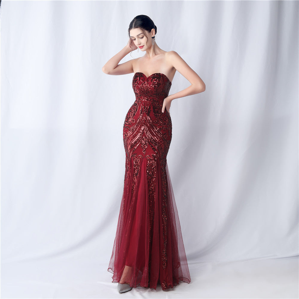 Positioned Flower Mesh Sequin Wedding Dinner Evening Dress 8