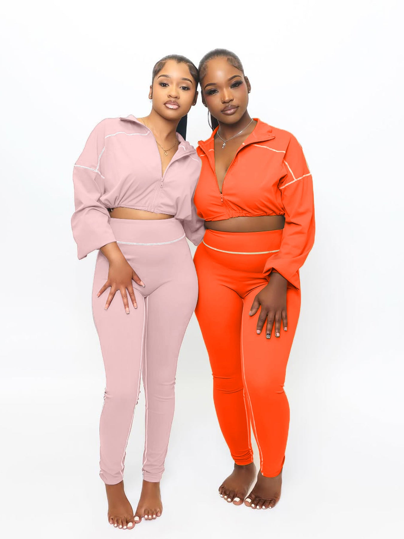 Fashion Casual Sportswear Women's Spring Autumn Solid Color Long Sleeve Zipper Slim Fit Two-Piece Pants Set 7