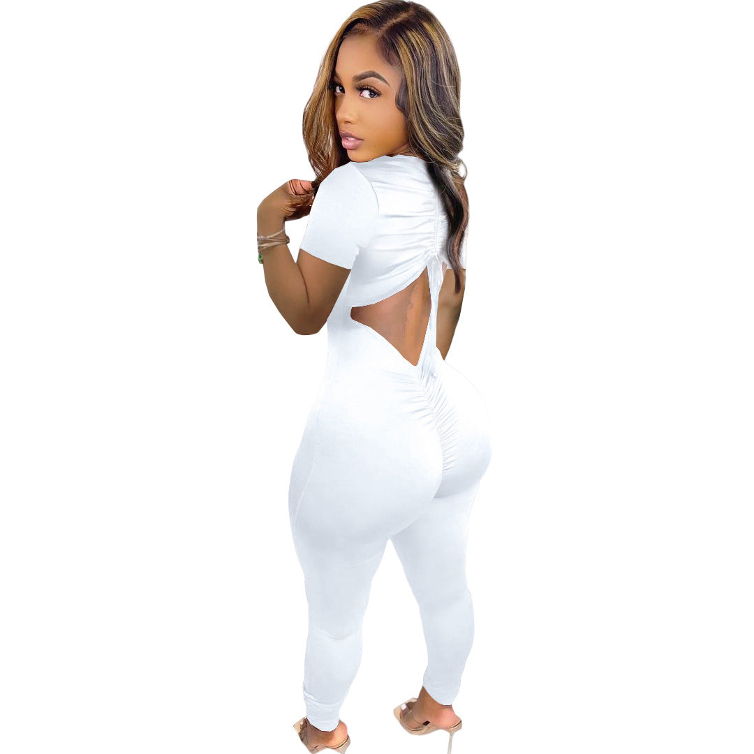 Women's Spring/Summer Back Drawstring Ruched Short Sleeve Jumpsuit 10