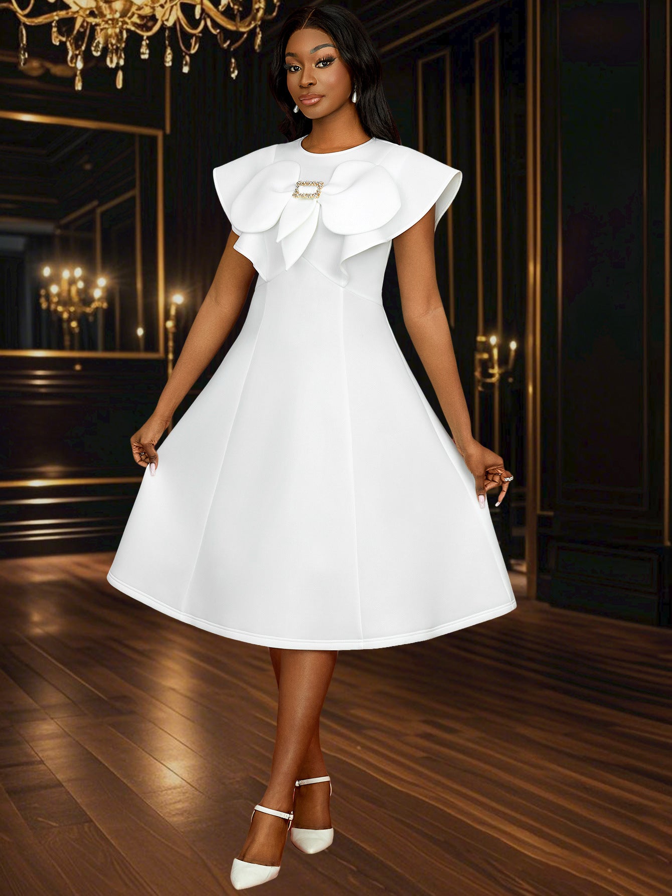 Women Summer Round Neck Bow Cape Sleeve Dress 4