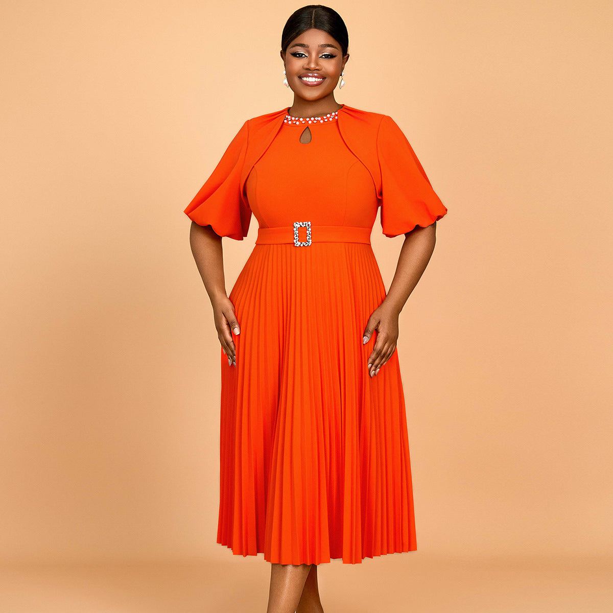 Bright Orange Puff-Sleeve Dress Fashionable Solid Color Party & Career Pleated Dress