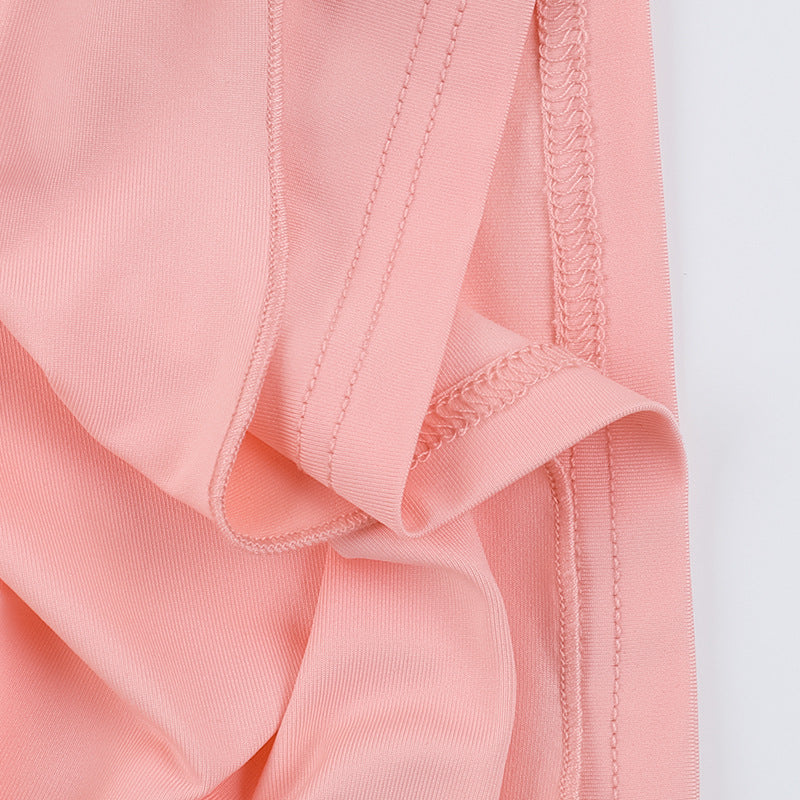 Women Spring Summer Sexy Gathered Ribbon Solid Dress 15