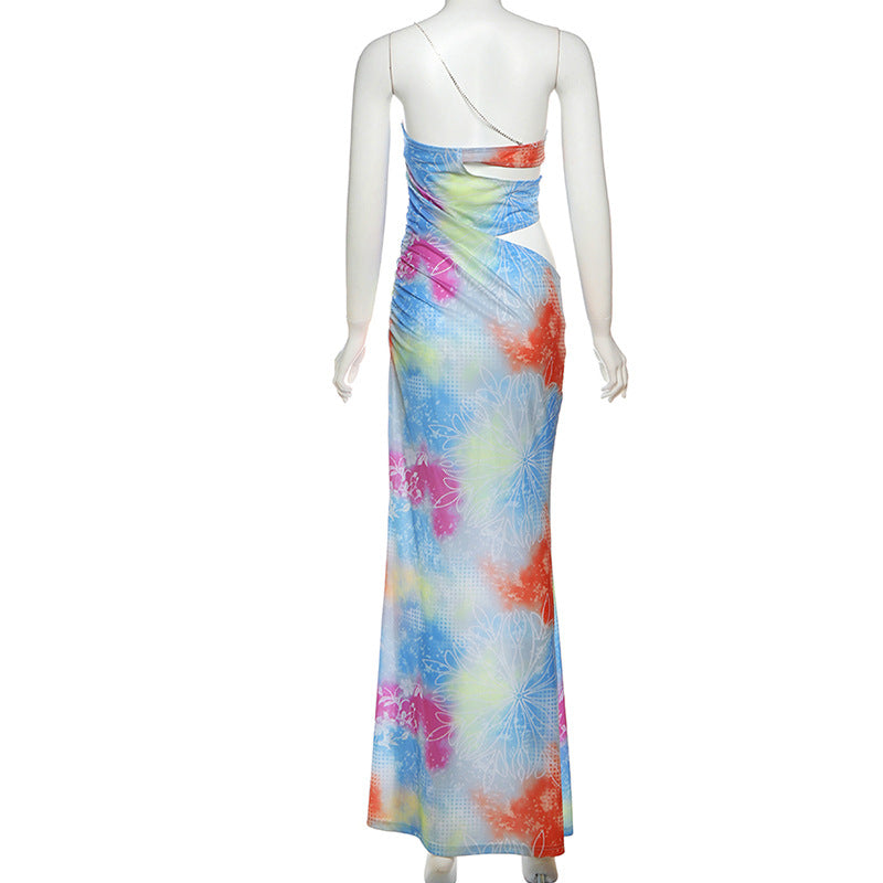 Spring-Summer Women's Sexy Contrast Print Cutout Strapless Slim Waist Long Dress 7