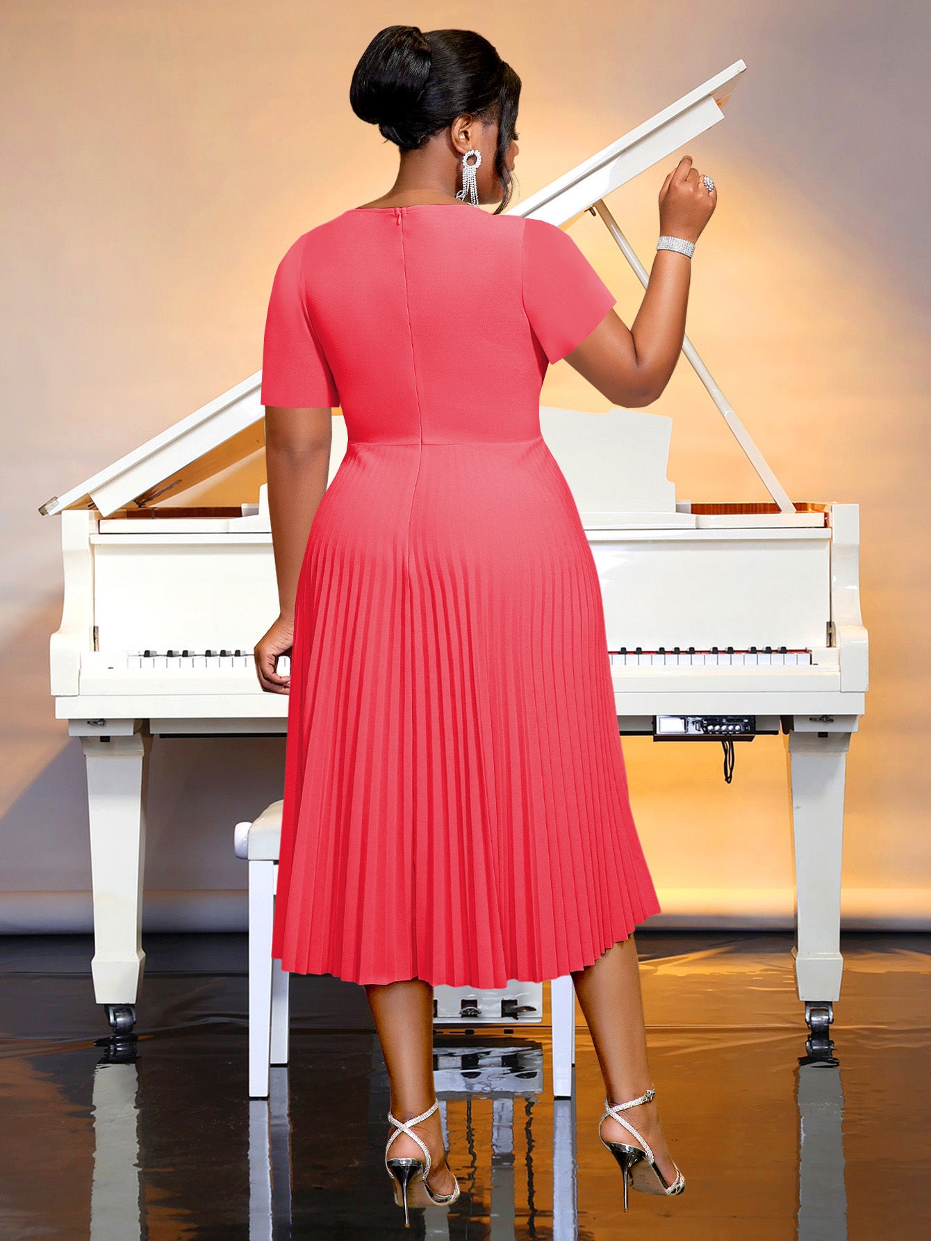 Plus Size Women Watermelon Red Short Sleeve Lace Elegant Maxi Summer Pleated Dress 9