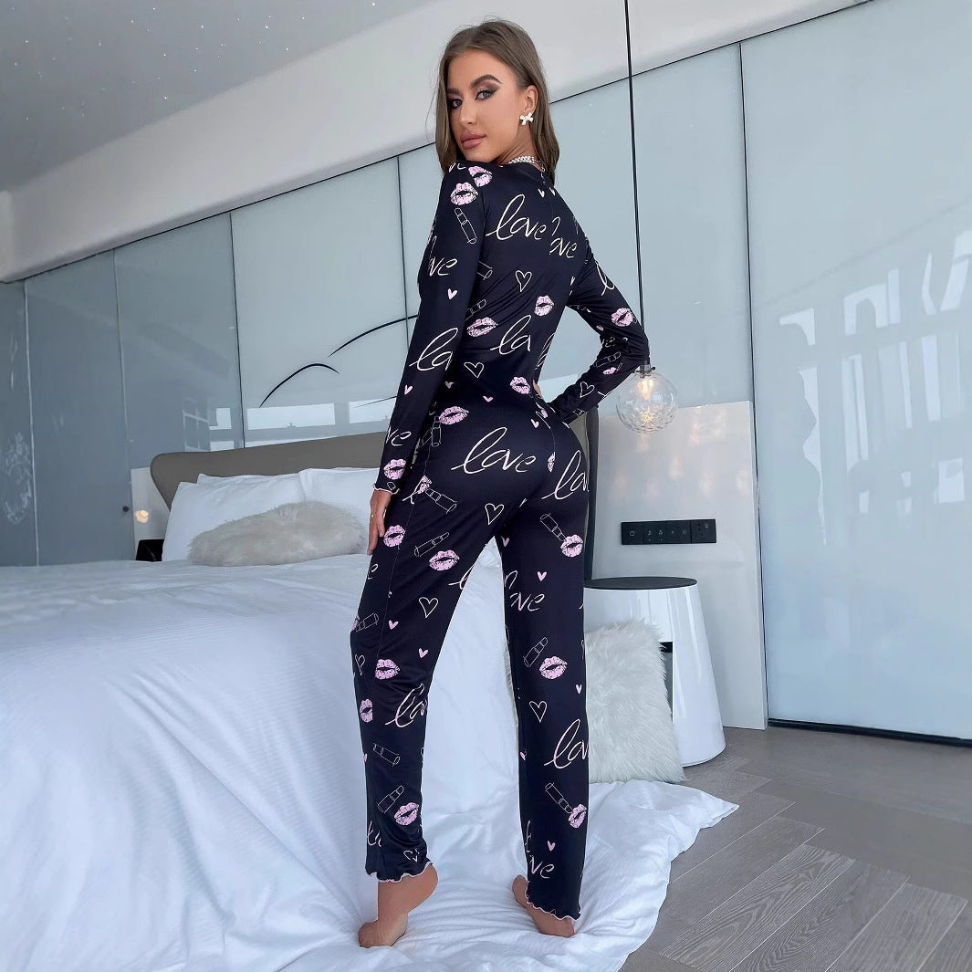 Button V-Neck Tight Fitting Valentine's Day Pajamas Lips Letter Print Long-Sleeved Home Jumpsuit 4
