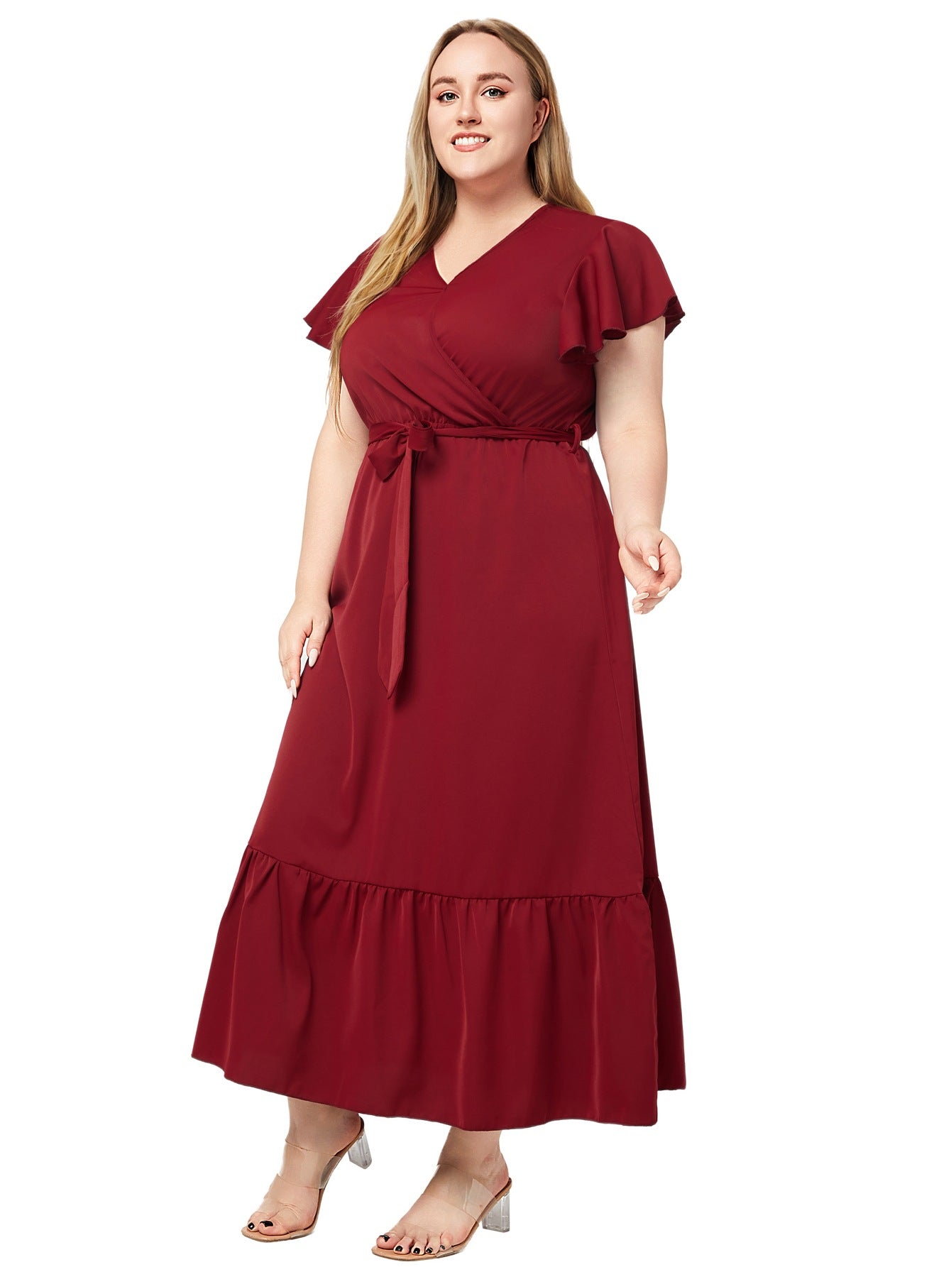 Plus Size Women Summer V Neck Short Sleeve Solid Dress 6