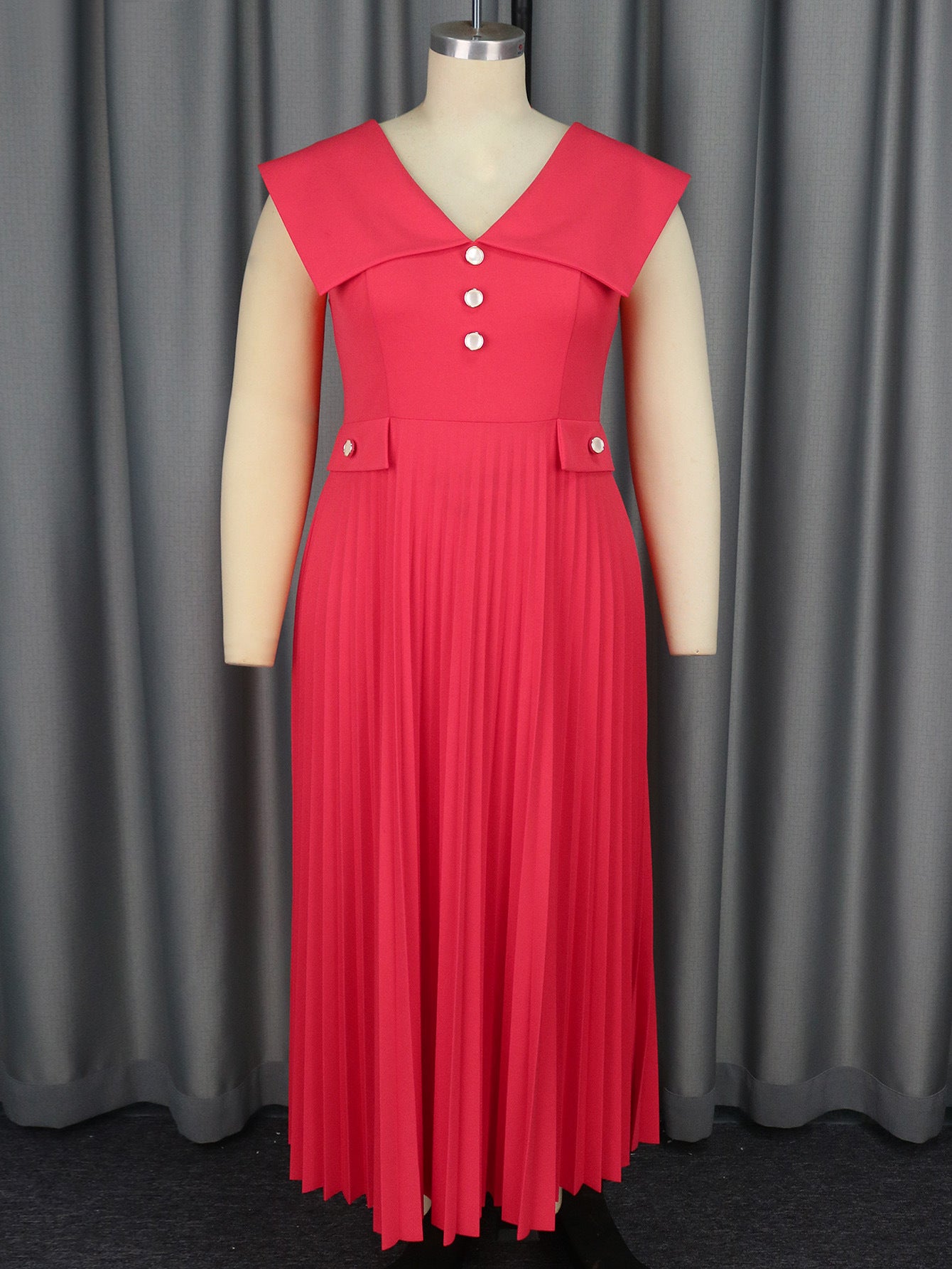 Spring Summer Chic Turndown Collar V-Neck Red Pleated Elegant Dress 3