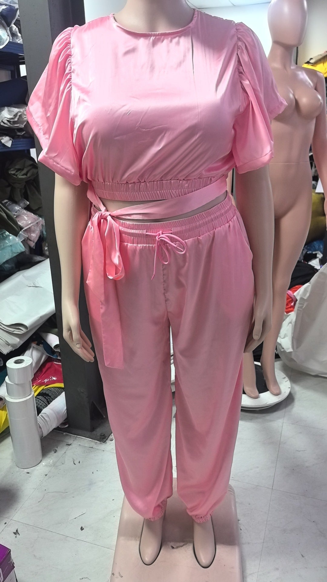 Women Ruffle Edge Sleeve Lace-Up Top and Elastic Pants Two-piece Set 22