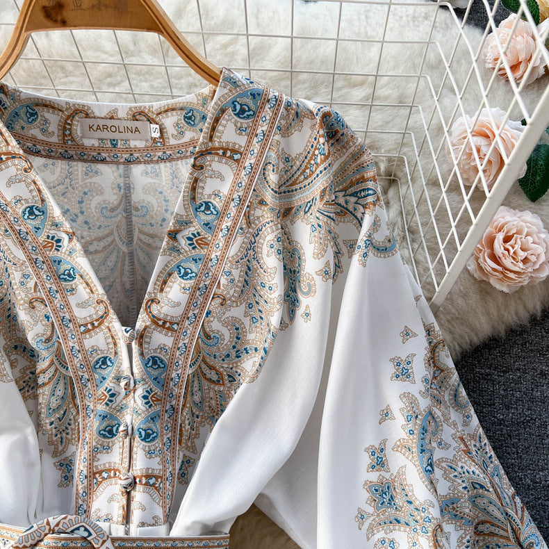 Women Spring French Vintage Print Single-Breasted V-Neck Lantern Sleeve Maxi Dress 10