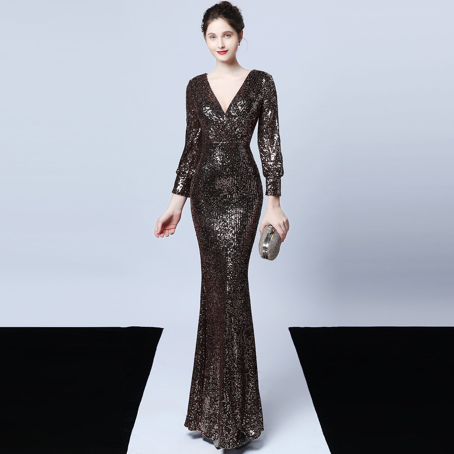 Women Formal Party Elegant Long Sleeve Sequin Fishtail Evening Dress 24