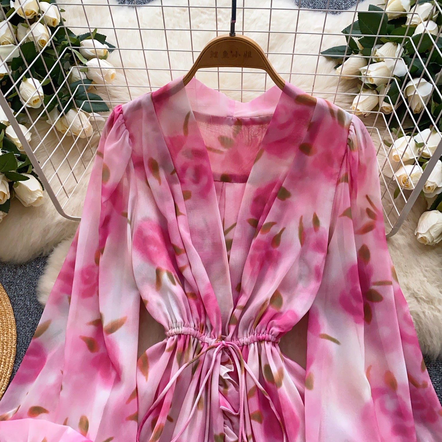 Holidays Style Women's Lace Up Slim Waist V neck Lantern Sleeve Ruffled Floral Short Dress 4