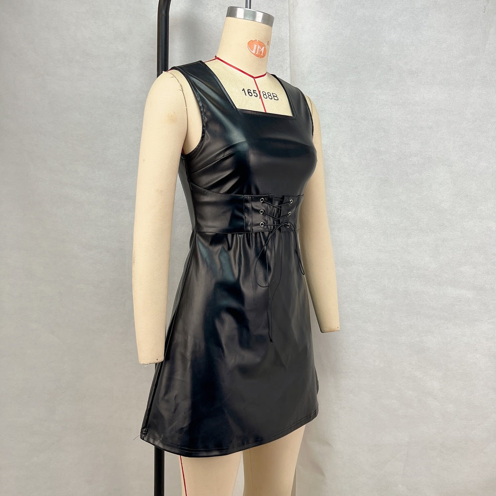 Women's Clothing Pu Leather Slim Waist Square Neck Solid Color Lace-Up Slim Fit Sleeveless Mini Dress 9
