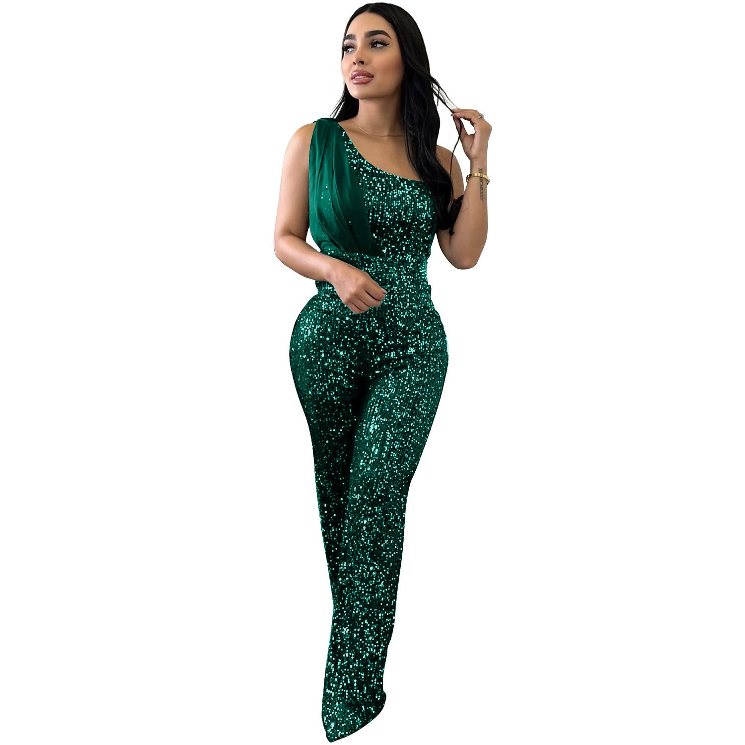Women Solid Sleeveless One Shoulder Sequin Jumpsuit 12