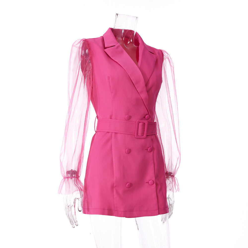 Spring Sexy See-Through Mesh Long Sleeve Double Breasted Slim Waist Chic Women Blazer Dress 27