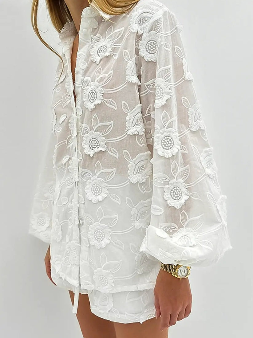 Women's Fashion Sexy White Lace Embroidery See-Through Shirt High Waist Shorts Two Piece Set 5