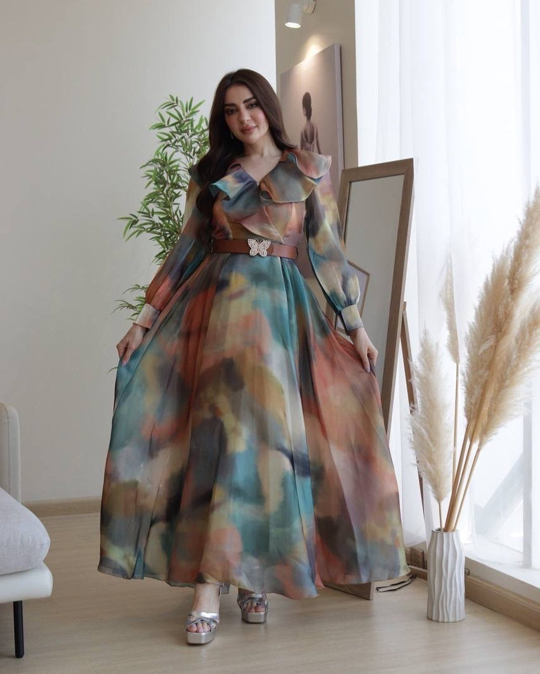 Spring Summer Print Mesh V-Neck Long Dress Plus Size Women's Dress 3