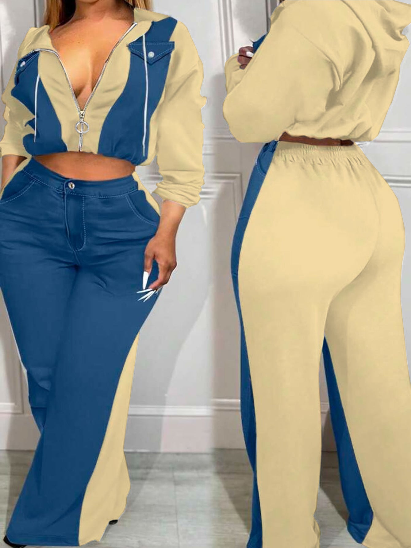 Women Sporty Casual Denim Contrast Zippered Jacket and Wide-Leg Pants Two-Piece Set 5