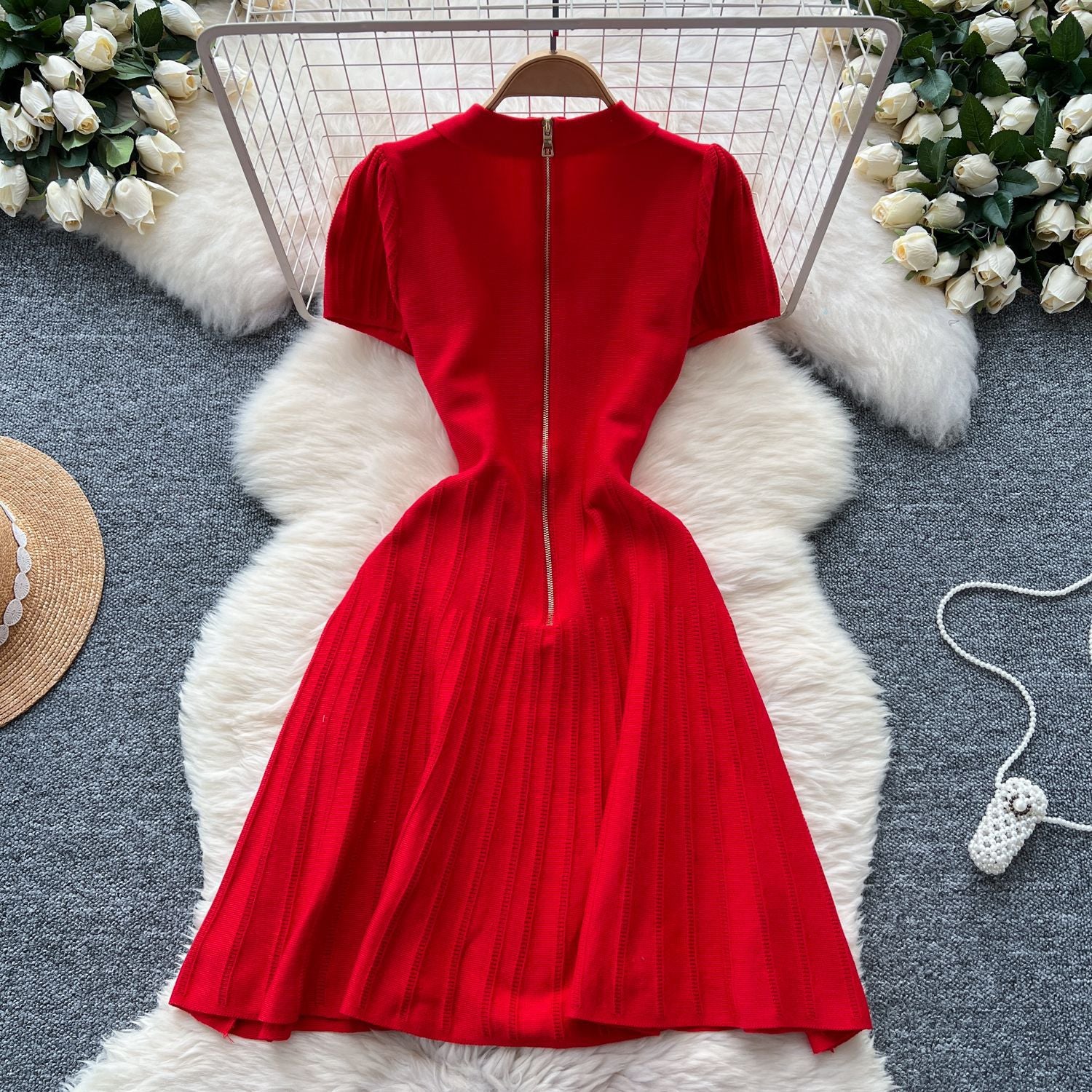 Women French Retro Turndown Collar Short Sleeve Sweater Dress 7