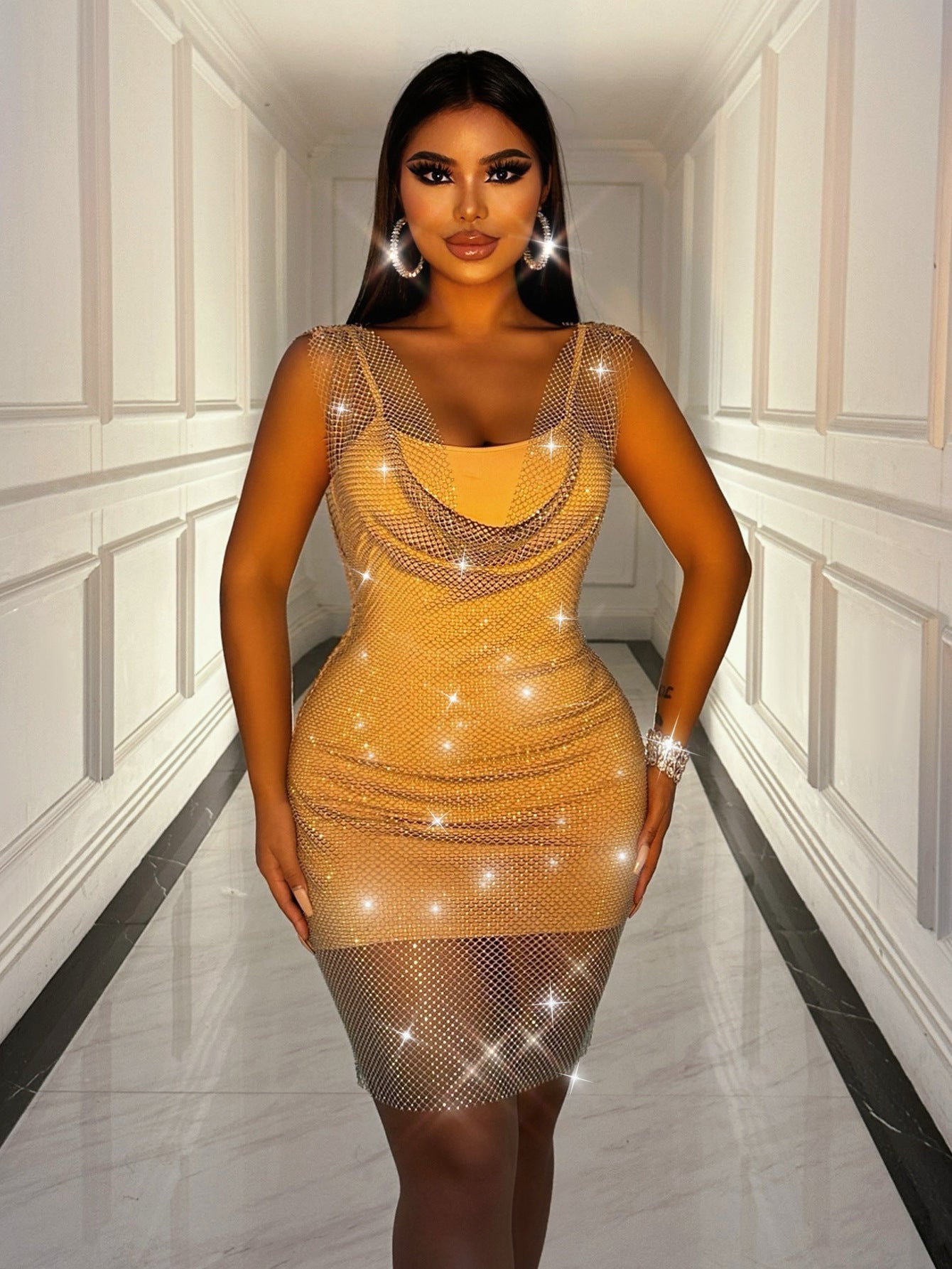 Women Summer Stretchy Rhinestone Sleeveless Dress