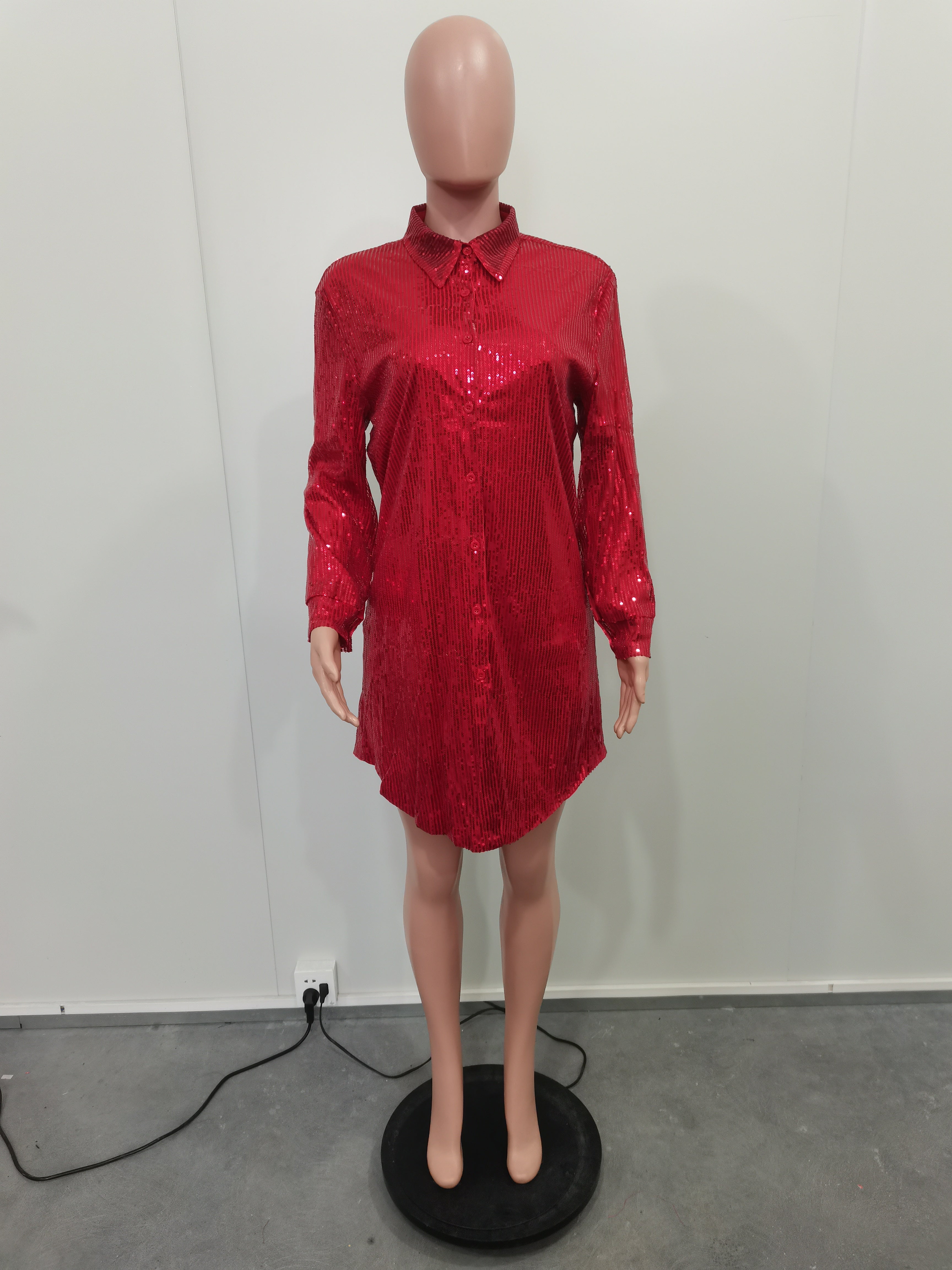 Women Solid Sequin Loose Shirt Dress 45